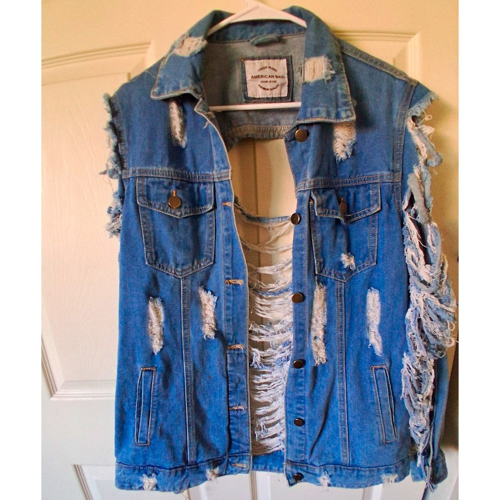 American Bazi Blue Distressed Fringe Button Front Pocket Jean Jacket XL